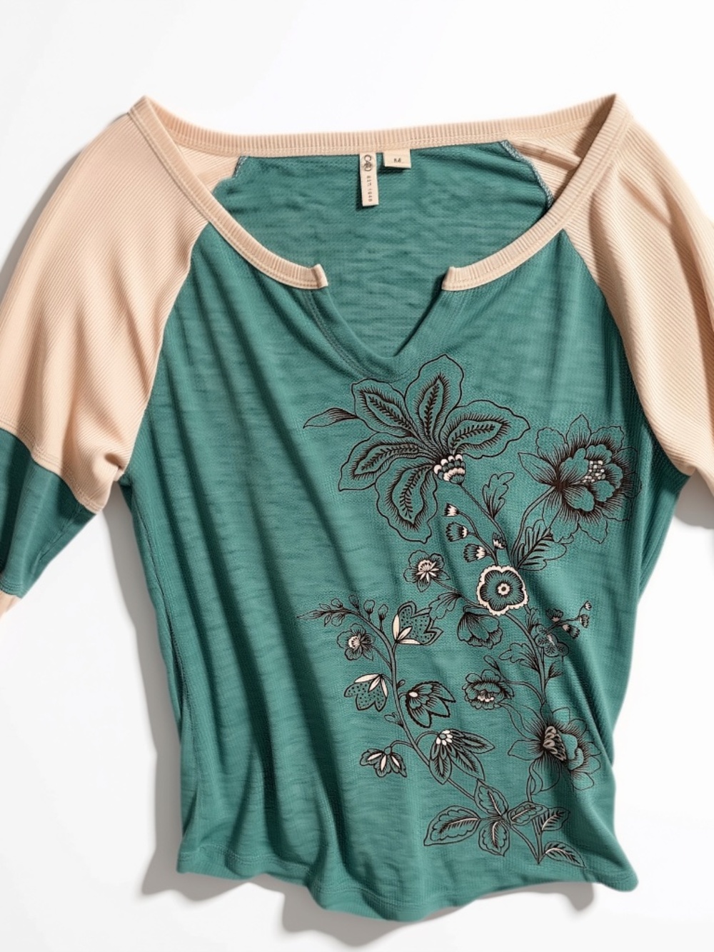 Cato Women's M Teal Floral Color-Block 3/4 Sleeve Knit Top
